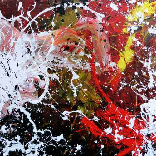 Abstraktes Acrylbild handgemalt modern Action Painting weiß rot gelb schwarz