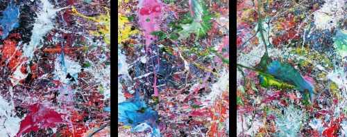 Abstraktes Gemälde sehr bunt drei Teile Triptychon modern Actionpainting expressionstisch