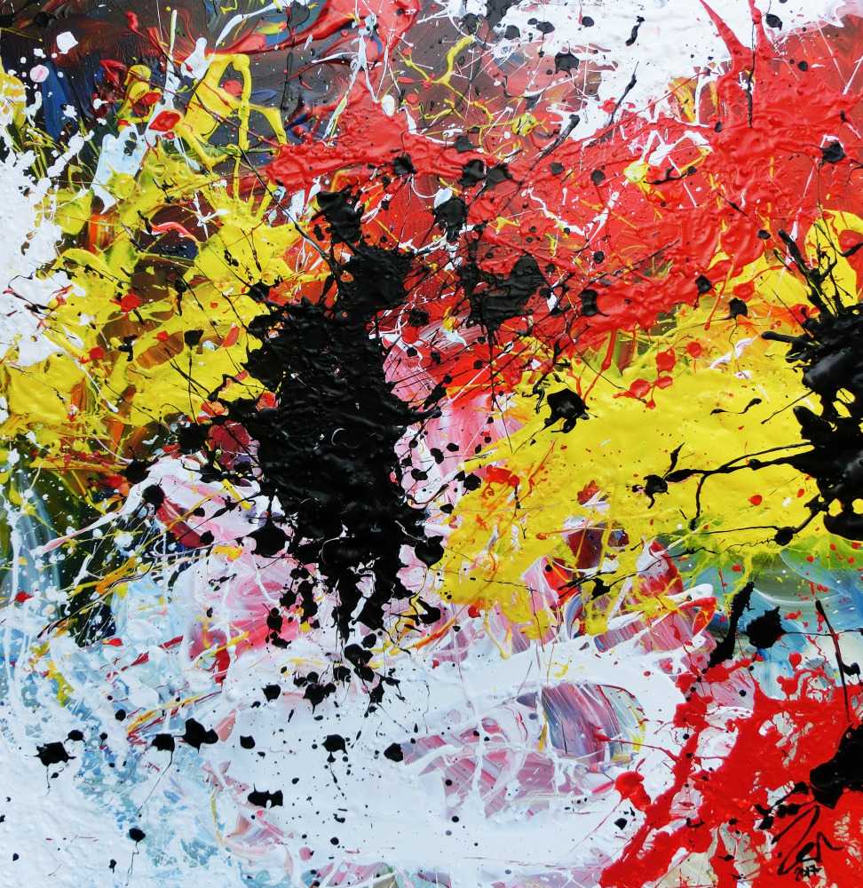 Abstraktes Gemälde modern Action Painting bunt weiß gelb rot schwarz