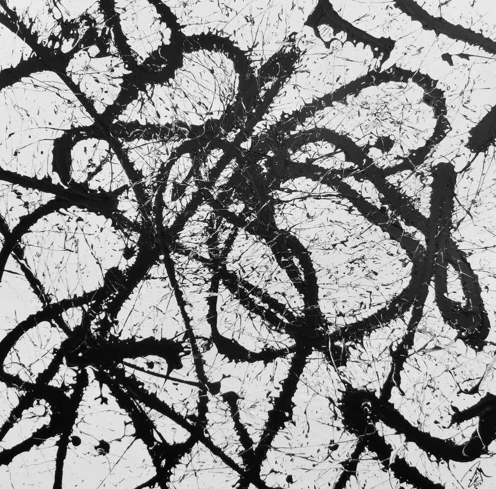 Hochwertige Kunst auf Leinwand Abstraktes Acrylgemälde quadratisch schwarz  weiß minimalistisch Actionpainting in 140x140cm von Alex Zerr