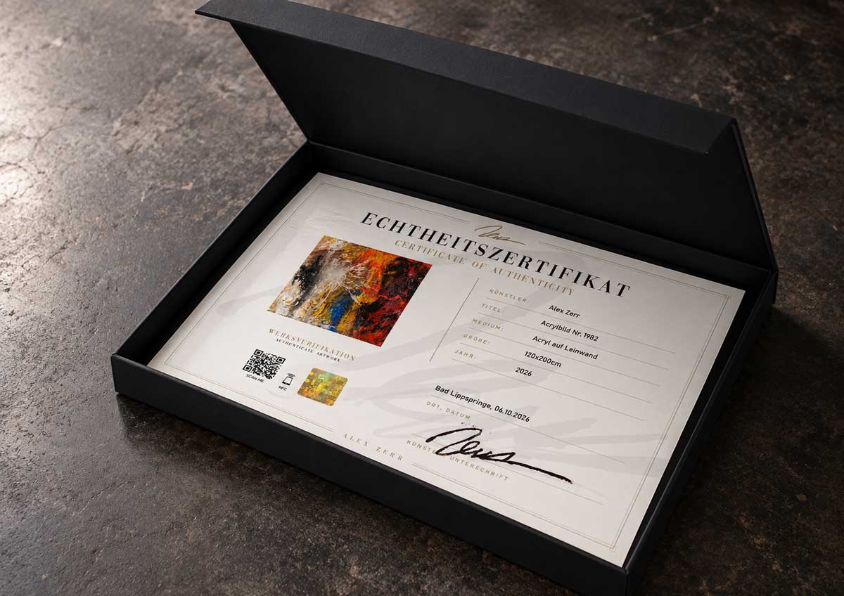 Echtheitszertifikat von Alex Zerr in schwarzer Box mit QR-Code, NFC-Chip und Hologramm